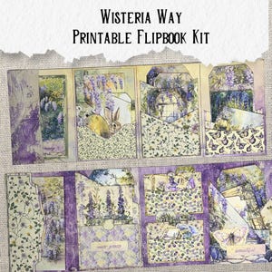 Puede incluir: Kit de flipbook imprimible con un tema floral caprichoso. El kit presenta una variedad de im&aacute;genes, que incluyen un conejo, mariposas y flores. El texto "Wisteria Way" y "Printable Flipbook Kit" est&aacute; incluido en la imagen.