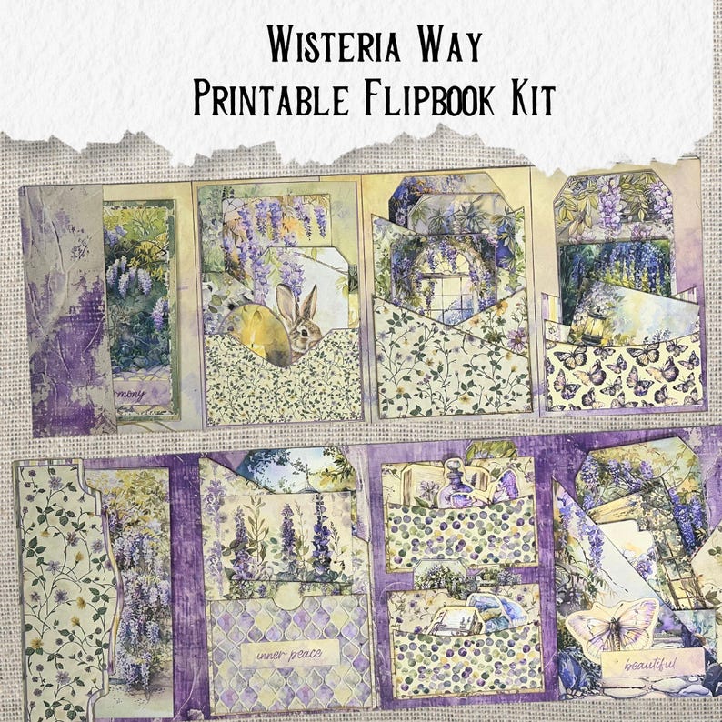 Puede incluir: Kit de flipbook imprimible con un tema floral caprichoso. El kit presenta una variedad de im&aacute;genes, que incluyen un conejo, mariposas y flores. El texto "Wisteria Way" y "Printable Flipbook Kit" est&aacute; incluido en la imagen.