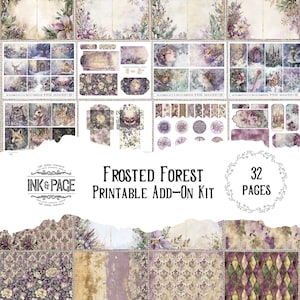 Frosted forest add-on afdrukbare kortstondige winter ongewenste dagboekpagina's grillige pastel kerst betoverd bos Tags zakken enveloppen