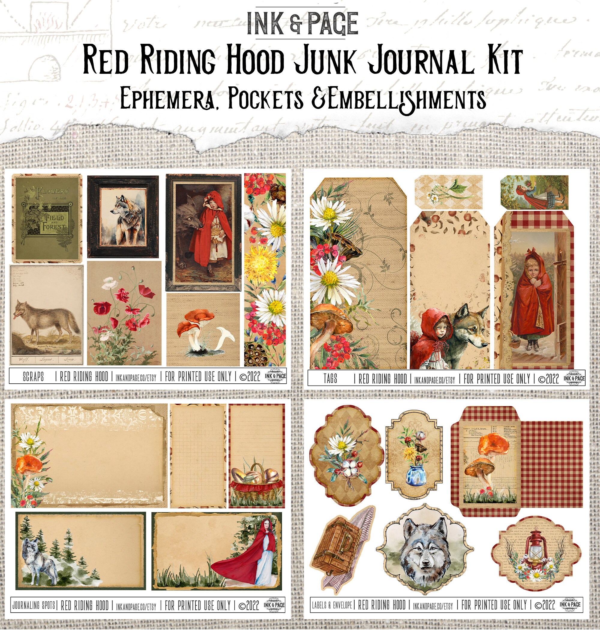 Red Riding Hood Junk Journal Printable Kit, Vintage