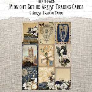 May include: Nine vintage-style trading cards with gothic and fairytale themes. The cards feature images of a church, a butterfly with a key, a floral arrangement, a castle, an angel, and a book with a key. The cards are printed on a textured paper with a distressed look.