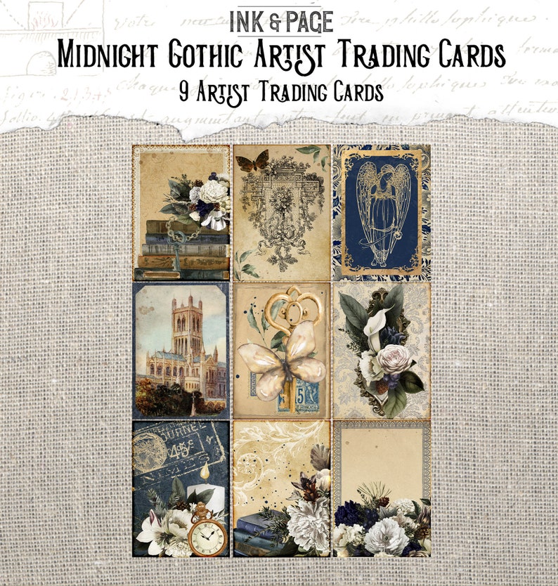 May include: Nine vintage-style trading cards with gothic and fairytale themes. The cards feature images of a church, a butterfly with a key, a floral arrangement, a castle, an angel, and a book with a key. The cards are printed on a textured paper with a distressed look.
