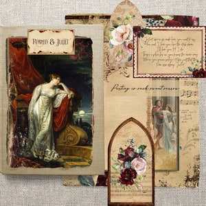 May include: A vintage-style collage featuring a painting of a woman in a white dress, a floral illustration with red and white roses, and a scene from Romeo and Juliet with the text "Parting is such sweet sorrow."