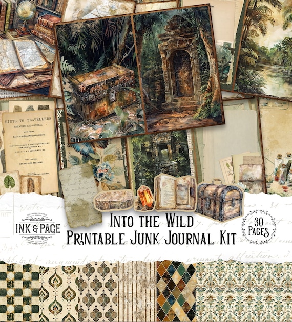 Into the Wild Junk Journal Printable Kit Archeology Ephemera Vintage Jungle Background Papers Victorian Explorer Scrapbook Pages Notes