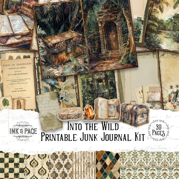 Into the Wild Junk Journal Printable Kit Archeology Ephemera Vintage Jungle Background Papers Victorian Explorer Scrapbook Pages Notes