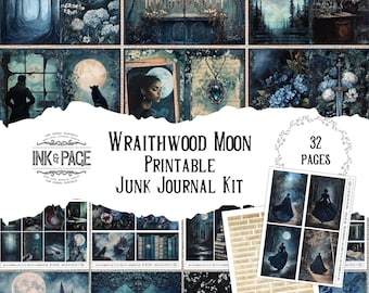 Wraithwood Moon Junk Journal Kit stampabile Gothic Woodland Download digitale Dark Forest Haunted Halloween Scrapbook Ephemera Vintage Wolf