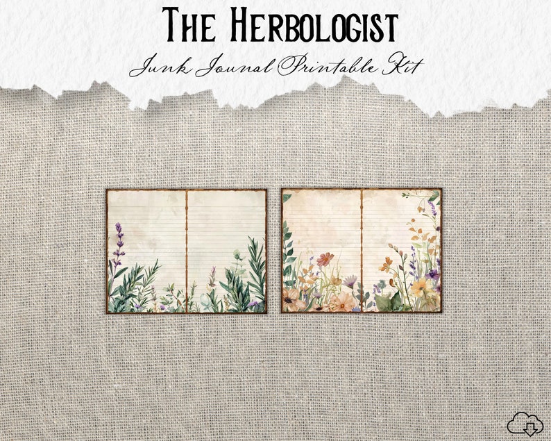 May include: Two printable pages with a vintage aesthetic featuring floral and botanical illustrations. The pages are designed for use in a junk journal. The text on the image reads "The Herbologist Junk Journal Printable Kit".