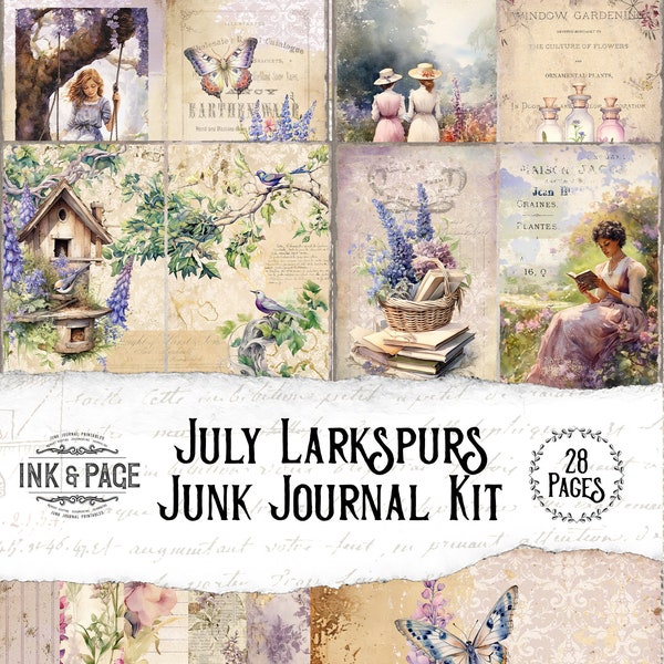 July Birth Month Junk Journal Printable Kit Floral Digital Junk Journaling Kit Summer Cottage Shabby Chic Planner Pages Feminine Scrapbook