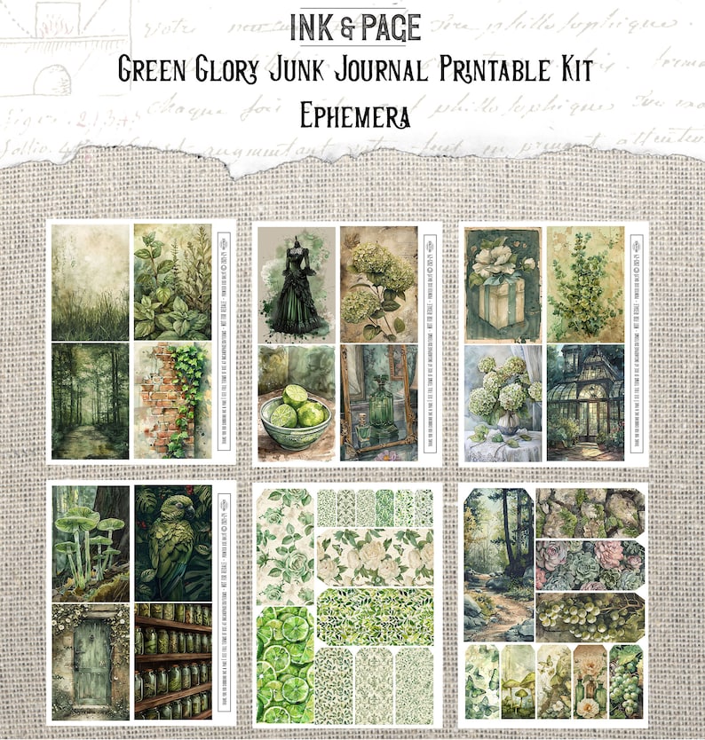 Green Glory Junk Journal Printable Ephemera Rainbow Vintage Digital Paper Pack Shabby Lime Mixed Media Spring Leaves Nature Scrapbook Pages image 5