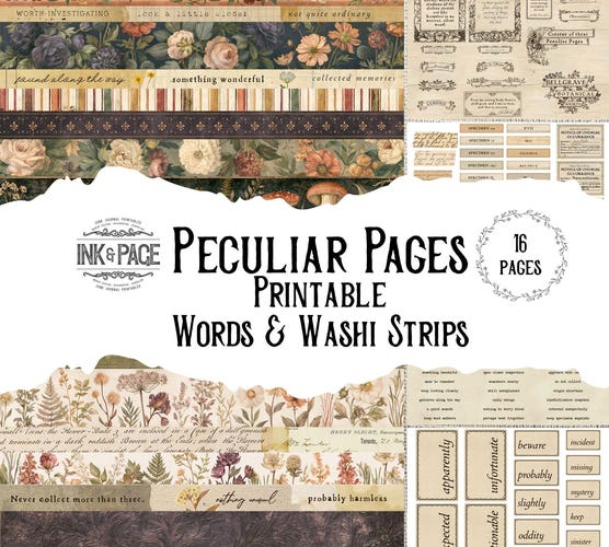 Peculiar Pages Printable Washi Strips & Word Ephemera — Autumn Vintage Junk Journal Pack