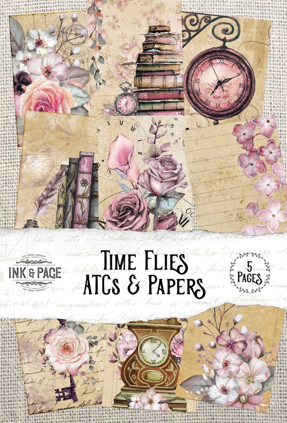 Printable Pink Floral Atcs Time Flies Junk Journal Ephemera - Etsy