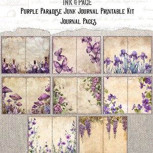 Purple Paradise Printable Junk Journal Kit Digital Ephemera Lavender Watercolor Collage Background Paper Rainbow Scrapbook Paper Crafting imagen 3