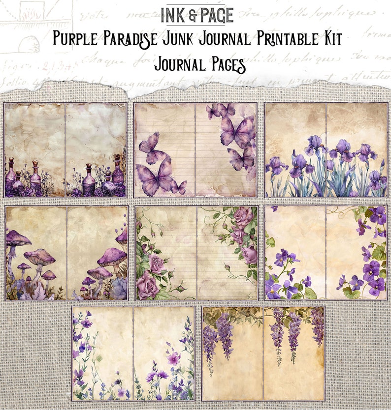Purple Paradise Printable Junk Journal Kit Digital Ephemera Lavender Watercolor Collage Background Paper Rainbow Scrapbook Paper Crafting imagen 3