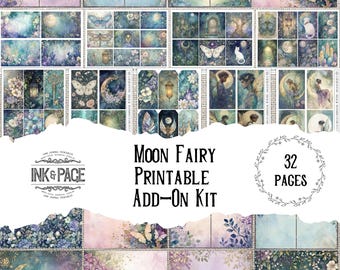 Puede incluir: Un kit digital imprimible con 32 páginas de diseños con temática de hadas lunares. El kit incluye una variedad de imágenes con una combinación de colores azul, verde y morado. El texto "Moon Fairy Printable Add-On Kit" se muestra en el centro de la imagen.