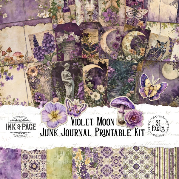 Violet Moon Junk Journal Printable Kit Celestial Collage Paper Digital Download Magic Forest Ephemera Nature Grimoire Purple Scrapbook Bujo