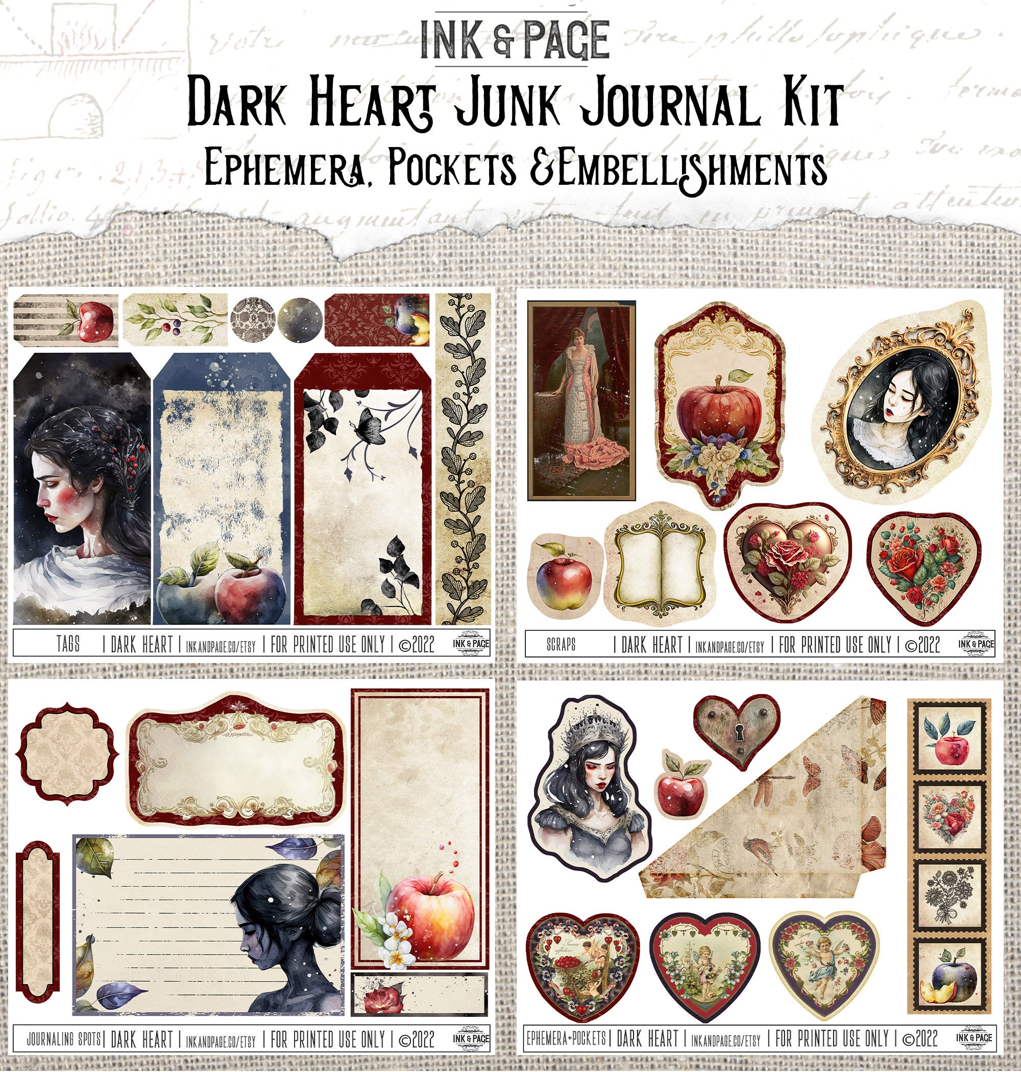 Dark Heart Junk Journal Printable Kit, Gothic Valentines Day Vintage ...