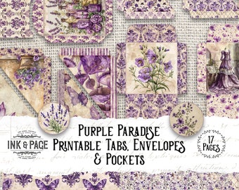 Purple Paradise Printable Ephemera Pockets Junk Journal Vintage Lavender Digital Envelopes Violet Scrapbook Rainbow Paper Wildflower Garden