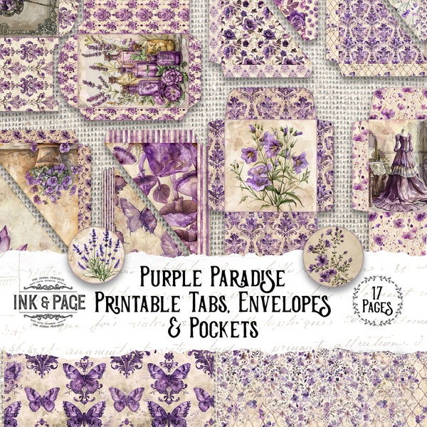 Purple Paradise Printable Ephemera Pockets Junk Journal Vintage Lavender Digital Envelopes Violet Scrapbook Rainbow Paper Wildflower Garden