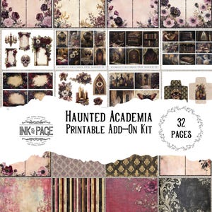 Haunted Academia Afdrukbare Ephemera Add-On Kit Victoriaans Gothic Haunted Mansion Vintage Ephemera Halloween gevoerde pagina's donkere tags enveloppen