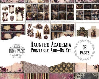 May include: A printable add-on kit for scrapbooking or journaling, featuring 32 pages of images with a haunted academia theme. The images include a variety of elements, such as books, candles, skulls, and flowers, all in a dark and gothic style. The kit is titled "Haunted Academia Printable Add-On Kit" and is from the company "Ink & Page".
