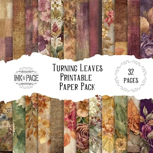 May include: A collection of printable paper sheets with a fall theme. The papers feature floral and leaf designs in shades of brown, burgundy, and green. The text "Turning Leaves Printable Paper Pack" and "32 Pages" are visible.