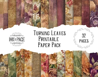 Könnte beinhalten: Eine Sammlung von bedruckbaren Papierbögen mit Herbstthema. Die Papiere zeigen Blumen- und Blattmuster in Braun-, Burgunder- und Grüntönen. Der Text "Turning Leaves Printable Paper Pack" und "32 Pages" ist sichtbar.