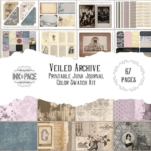 Pode incluir: Um kit digital de junk journal intitulado Veiled Archive da Ink & Page, contendo 67 páginas imprimíveis. A coleção apresenta efêmeros de estilo vintage, incluindo fotos em tom sépia, padrões florais, bordas de renda, textos e texturas.
