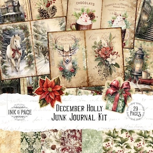 December maandelijkse junk Journal afdrukbare Kit Holly digitale download Ephemera vakantie scrapbook papier Merry Christmas Vintage Bullet Journal