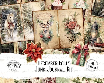 May include: A digital junk journal kit with 29 pages featuring a variety of vintage-style images, including a deer, a horse, a poinsettia, a lantern, a gift box, and a cup of hot chocolate. The kit is titled "December Holly Junk Journal Kit".