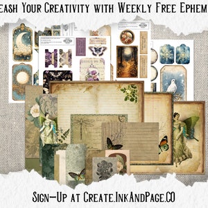 Pode incluir: Uma cole&ccedil;&atilde;o de ef&ecirc;meras digitais imprim&iacute;veis com ilustra&ccedil;&otilde;es vintage de fadas, borboletas, flores e luas. As ef&ecirc;meras s&atilde;o perfeitas para scrapbooking, cria&ccedil;&atilde;o de cart&otilde;es e outras manualidades de papel.  Inscreva-se em create.inkandpage.co