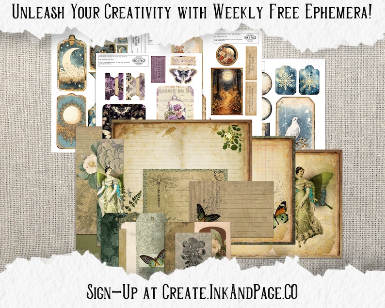 Pode incluir: Uma cole&ccedil;&atilde;o de ef&ecirc;meras digitais imprim&iacute;veis com ilustra&ccedil;&otilde;es vintage de fadas, borboletas, flores e luas. As ef&ecirc;meras s&atilde;o perfeitas para scrapbooking, cria&ccedil;&atilde;o de cart&otilde;es e outras manualidades de papel.  Inscreva-se em create.inkandpage.co