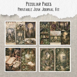 Op de afbeelding: Een printbare junk journal kit genaamd Peculiar Pages met vier rechthoekige vellen met donkere, sfeervolle illustraties van gotische architectuur, bossen bij maanlicht, apothekersplanken, vintage boeken, vergrootglazen en botanische elementen.