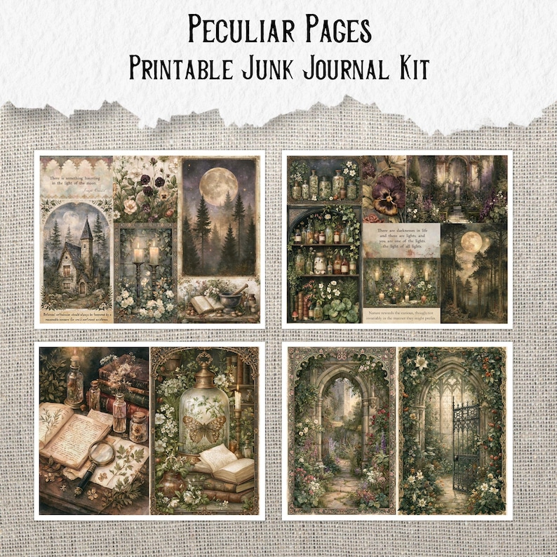 Op de afbeelding: Een printbare junk journal kit genaamd Peculiar Pages met vier rechthoekige vellen met donkere, sfeervolle illustraties van gotische architectuur, bossen bij maanlicht, apothekersplanken, vintage boeken, vergrootglazen en botanische elementen.