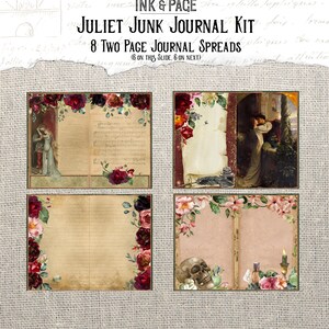 May include: A digital download of eight two-page journal spreads featuring vintage illustrations and floral borders. The spreads include a couple in a garden, a skull, and a bottle of potion. The text on the image reads "Juliet Junk Journal Kit 8 Two Page Journal Spreads (6 on this slide, 6 on next)"