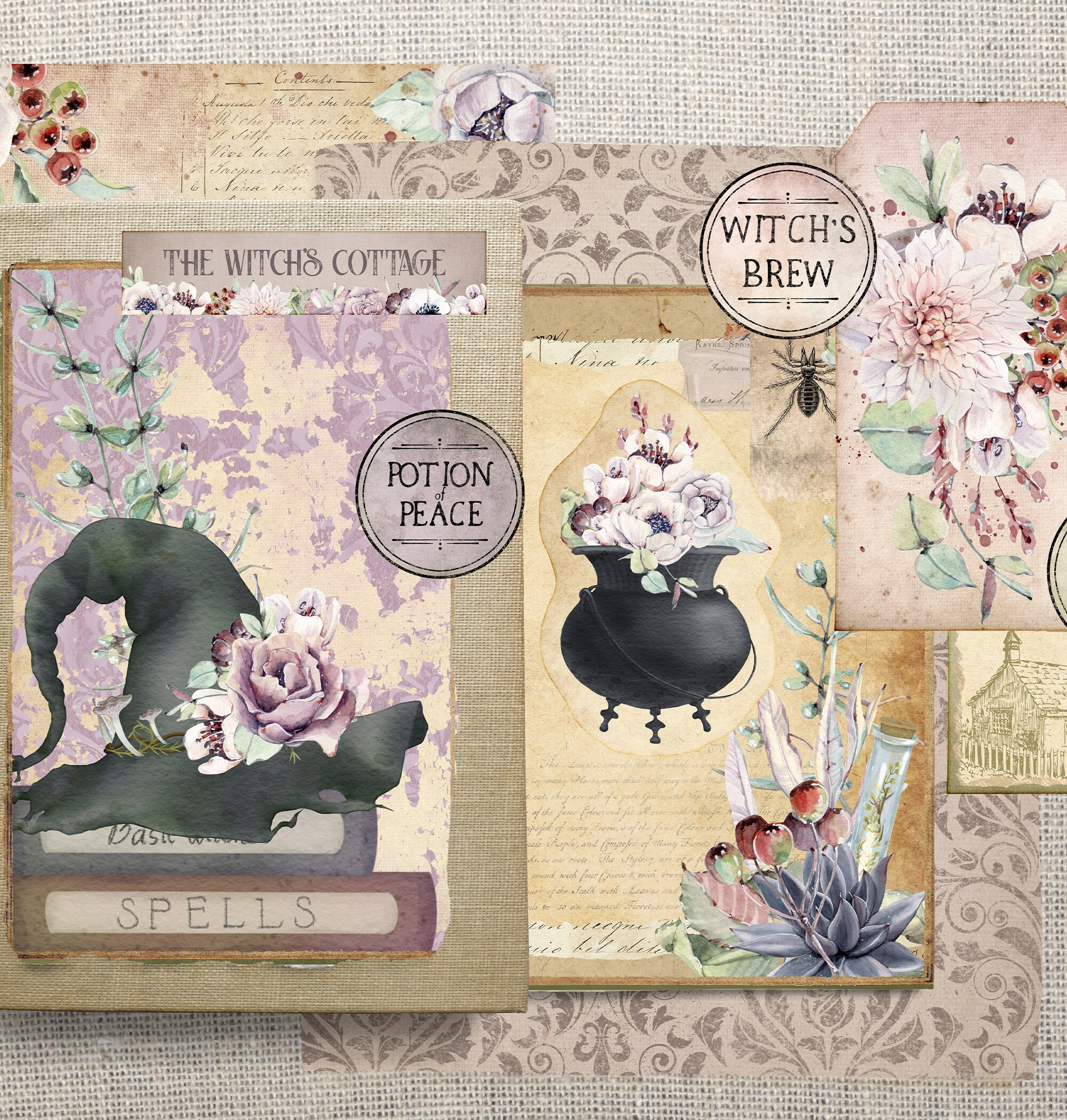 The Witch's Cottage Junk Journal Printable Kit, Halloween Paper ...