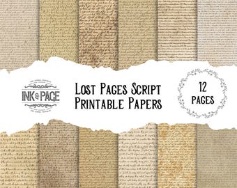 May include: Twelve printable digital paper sheets with a vintage script font background. The papers have a distressed, aged look and are perfect for scrapbooking, card making, and other paper crafts. The text on the image reads "Lost Pages Script Printable Papers".