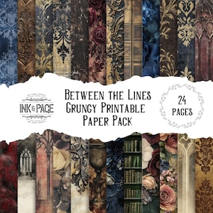 Peut inclure: Un pack de papier numérique avec 24 pages de motifs imprimables de style grunge. Les motifs présentent une variété de motifs, notamment floraux, damassés et géométriques. Le texte "Between the Lines Grungy Printable Paper Pack" est affiché au centre de l'image.