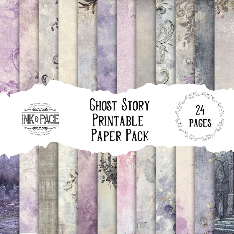 K&ouml;nnte beinhalten: Ein digitales Papierpaket mit 24 Seiten bedruckbarem digitalen Papiers mit verschiedenen Texturen und Mustern in Violett-, Grau- und Wei&szlig;t&ouml;nen. Das Papierpaket tr&auml;gt den Titel "Ghost Story Printable Paper Pack" und wurde von Ink & Page entworfen.