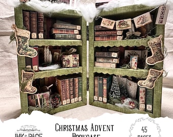 May include: A green Christmas advent bookcase with miniature books, decorative stockings, and a banner that reads "HOPE". The bookcase is filled with numbered shelves and small Christmas trees. The text "Christmas Advent Bookcase Printable Project" is visible.
