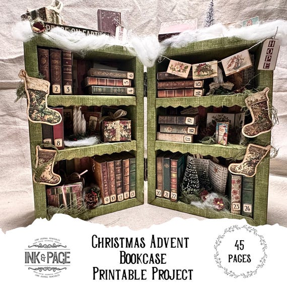 Christmas Advent Bookcase Printable Kit | Mini Book Boxes | Vintage Christmas Library | Junk Journal & Paper Craft Project