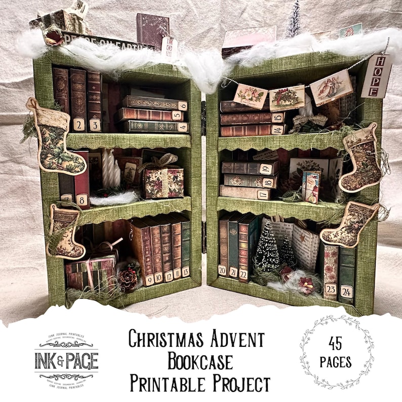 Utskrivbart kit för adventsbokhylla | Miniboklådor | Vintage julbibliotek | Skräpjournal och papperspysselprojekt bild 1