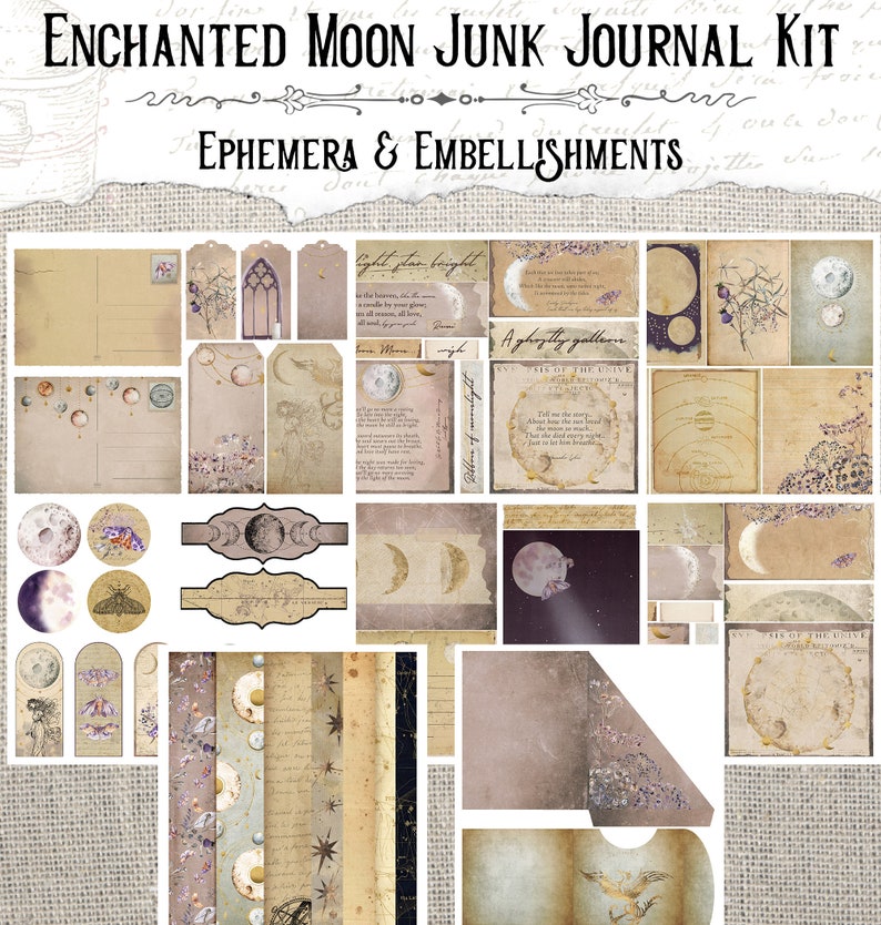 Enchanted Moon Junk Journal Printable Kit, Celestial Journal, Purple Junk Journal image 7