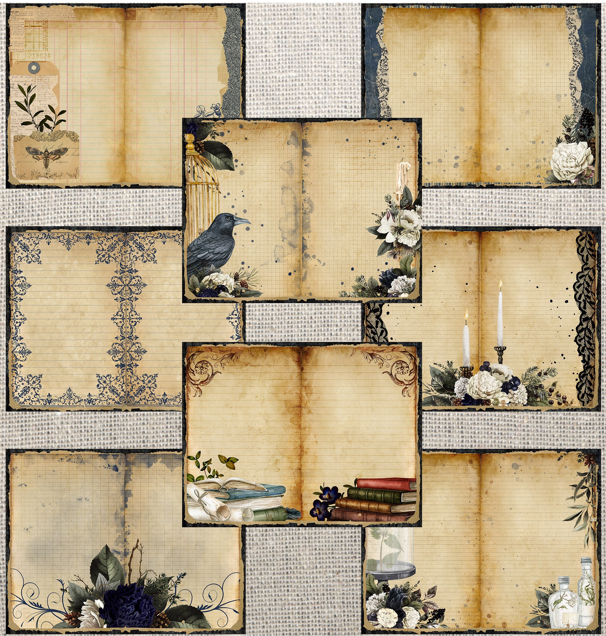 Midnight Gothic Printable Lined Junk Journal Pages, Dark Academia, Navy ...