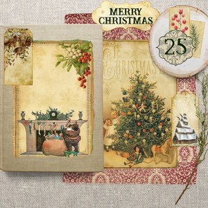 K&ouml;nnte beinhalten: Eine Vintage-Weihnachtskarte mit einem geschm&uuml;ckten Weihnachtsbaum, Kindern und einem Kamin mit Str&uuml;mpfen. Die Karte hat einen roten und wei&szlig;en Musterrahmen und den Text "Merry Christmas" und "25" darauf.