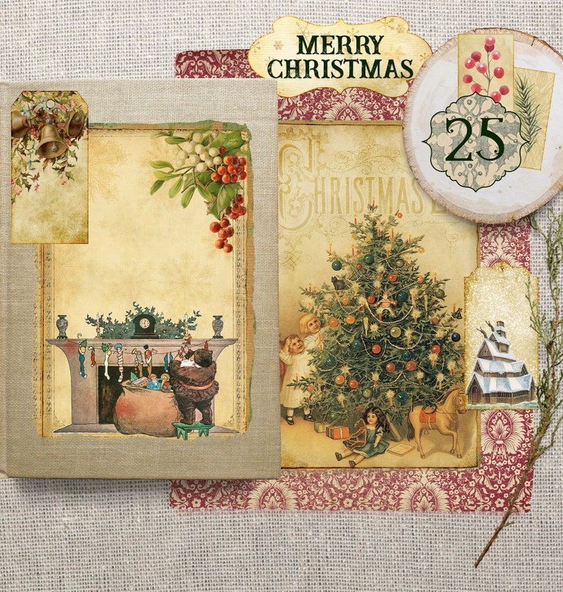 K&ouml;nnte beinhalten: Eine Vintage-Weihnachtskarte mit einem geschm&uuml;ckten Weihnachtsbaum, Kindern und einem Kamin mit Str&uuml;mpfen. Die Karte hat einen roten und wei&szlig;en Musterrahmen und den Text "Merry Christmas" und "25" darauf.
