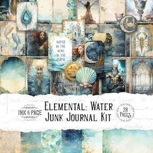 Kit imprimible de diario basura de cuatro elementos Elemento de agua Descarga digital Grimorio Bruja verde Libro de las sombras Luna elemental Astrológico