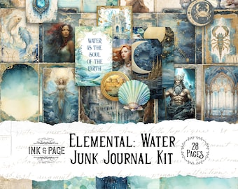 Four Elements Junk Journal Printable Kit Element of Water Digital Download Grimoire Green Witch Book of Shadows Elemental Moon Astrological