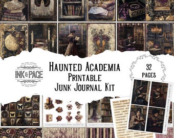 May include: A printable junk journal kit with 32 pages featuring a haunted academia theme. The kit includes images of books, candles, a butterfly, a woman in a long dress, and a cross. The text "Haunted Academia Printable Junk Journal Kit" and "32 Pages" is visible on the image.