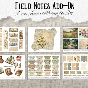 May include: Printable junk journal kit with a field notes theme. The kit includes a variety of elements, such as labels, envelopes, dividers, and embellishments. The images feature vintage illustrations of flowers, birds, and nature scenes.