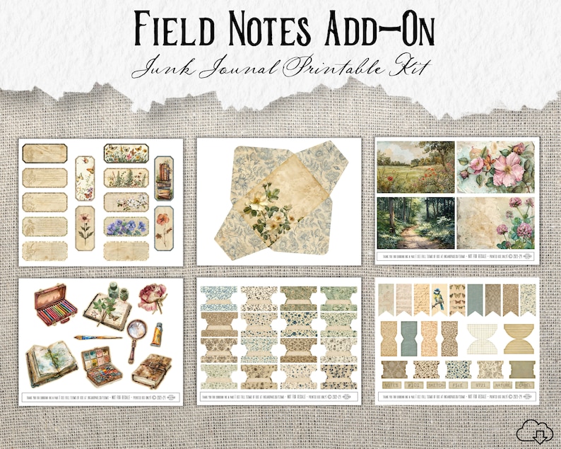 May include: Printable junk journal kit with a field notes theme. The kit includes a variety of elements, such as labels, envelopes, dividers, and embellishments. The images feature vintage illustrations of flowers, birds, and nature scenes.
